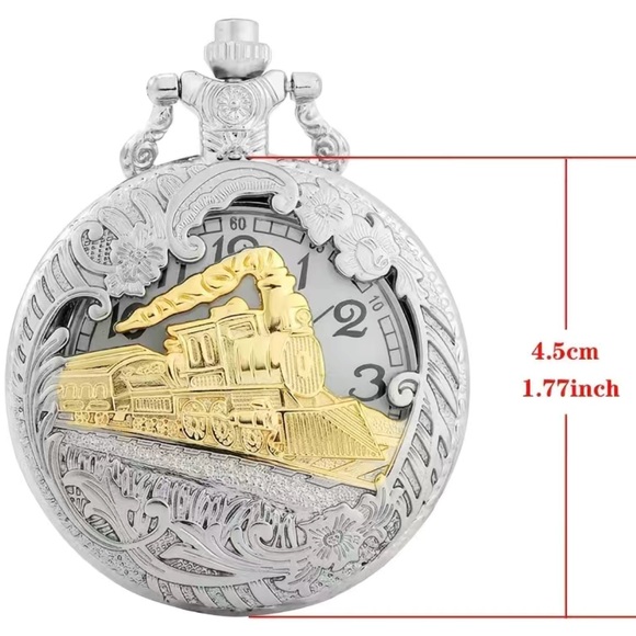 Train Locomotive Engine Pattern Pocket Watch With 16 inch Necklace Chain - Picture 2 of 6